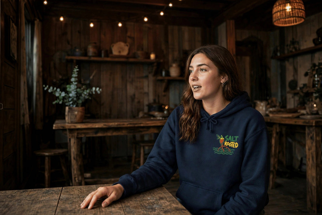 Salt Rooted Hoodie — in the Five Tides room, female front