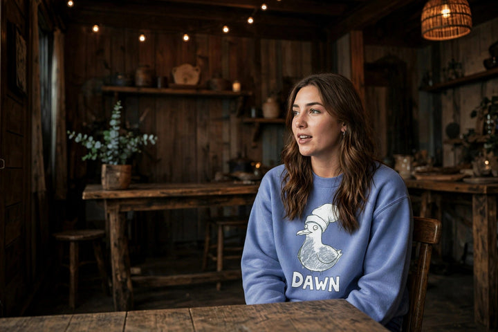 Dawn Sweatshirt — in the Five Tides room, female front