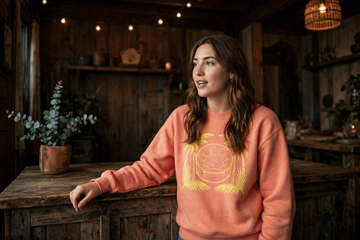 Tropical Donut Sweatshirt — in the Five Tides room, female front