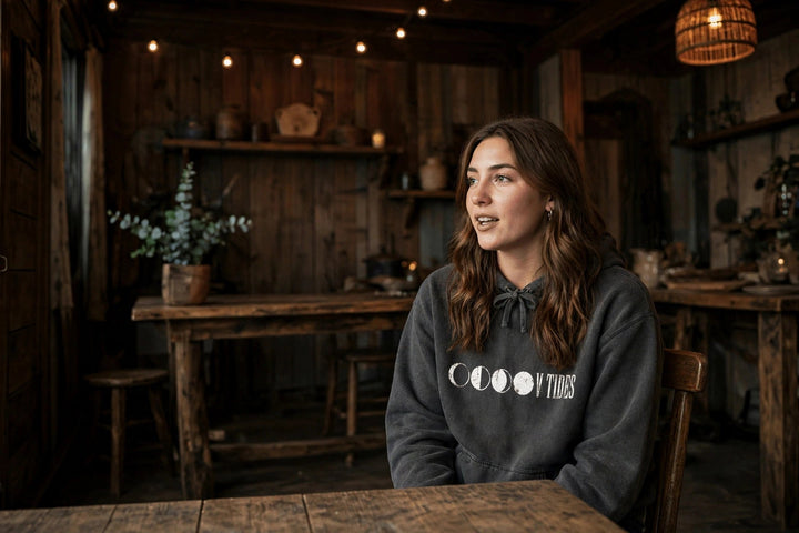 Moon Phases Vibes Hoodie — in the Five Tides room, female front