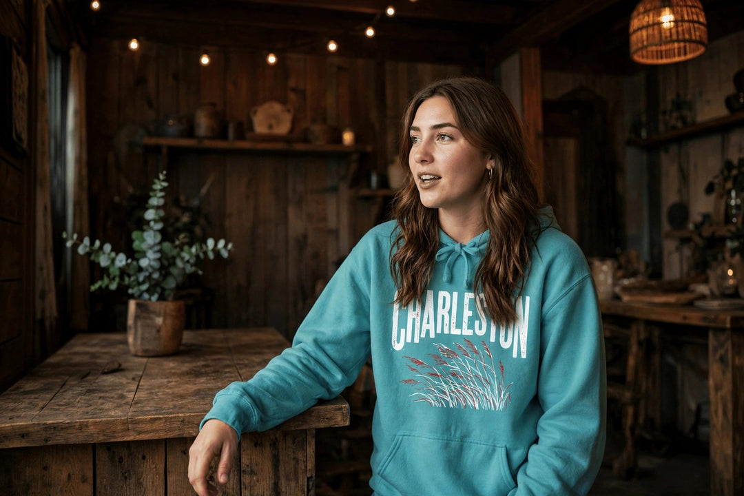 Charleston Sea Oats Hoodie — in the Five Tides room, female front