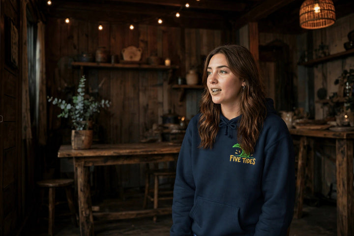 Low Tide Vibe Alligator Hoodie — in the Five Tides room, female front