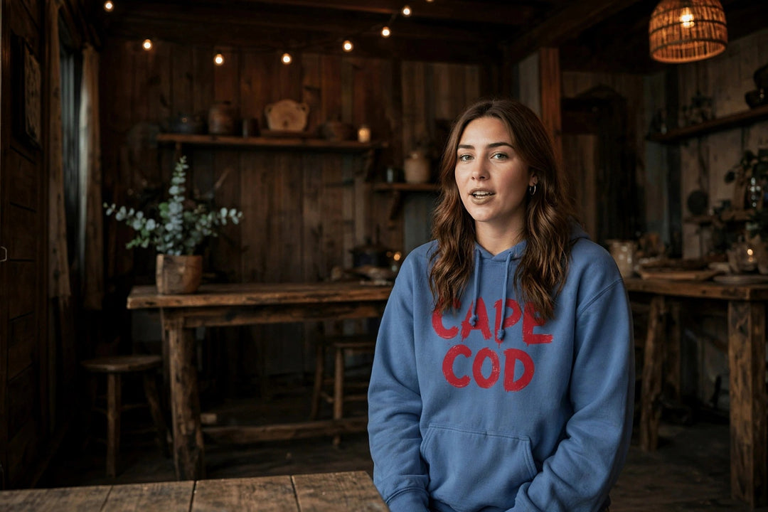 Cape Cod Hoodie — in the Five Tides room, female front