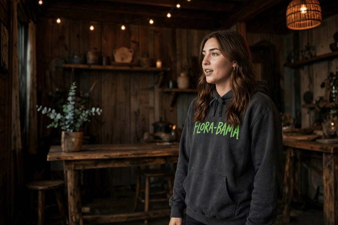 Flora-Bama Cocktail Hoodie — in the Five Tides room, female front