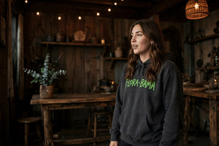 Flora-Bama Cocktail Hoodie — in the Five Tides room, female front