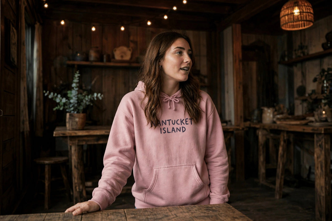 Nantucket Island Shell Hoodie — in the Five Tides room, female front