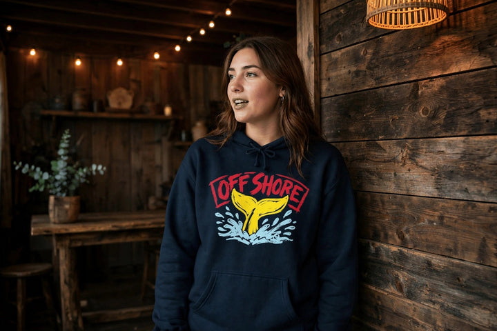 Offshore Whale Tail Hoodie — in the Five Tides room, female front
