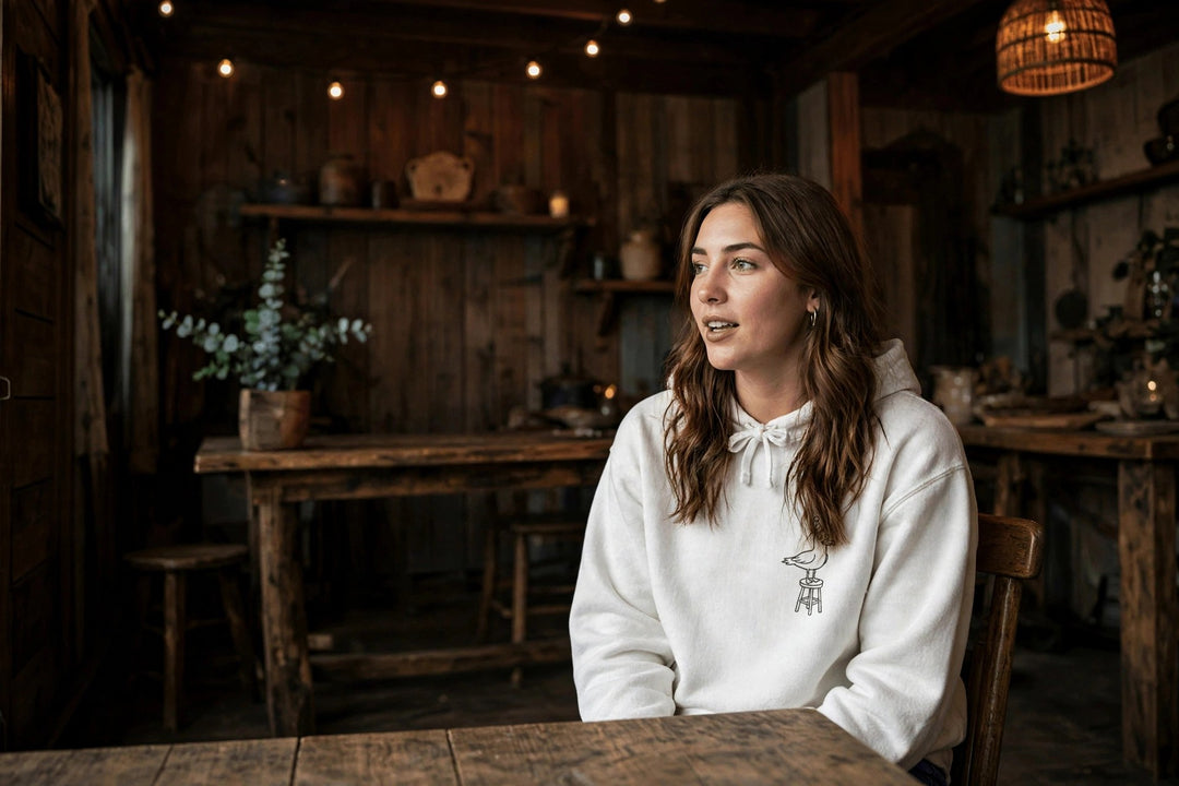 Cape May Dive Bar Hoodie — in the Five Tides room, female front