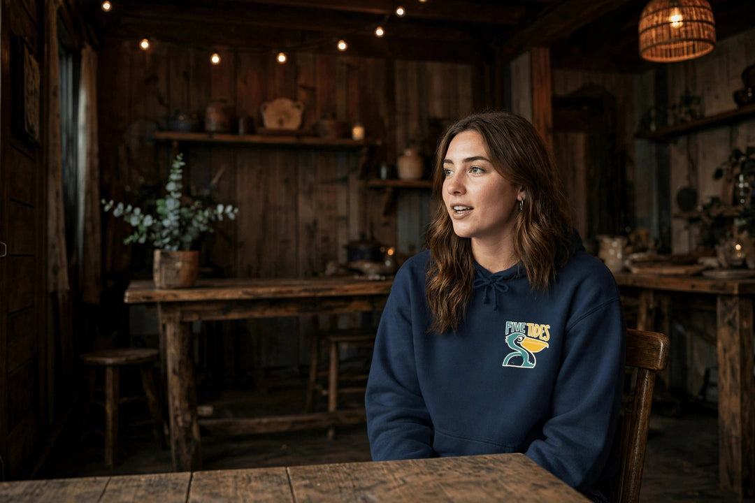 Low Tide Vibe Pelican Hoodie — in the Five Tides room, female front
