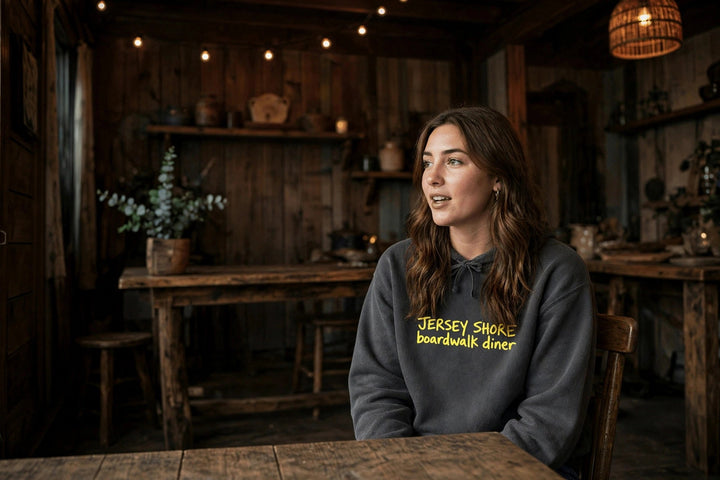Boardwalk Diner Hoodie — in the Five Tides room, female front