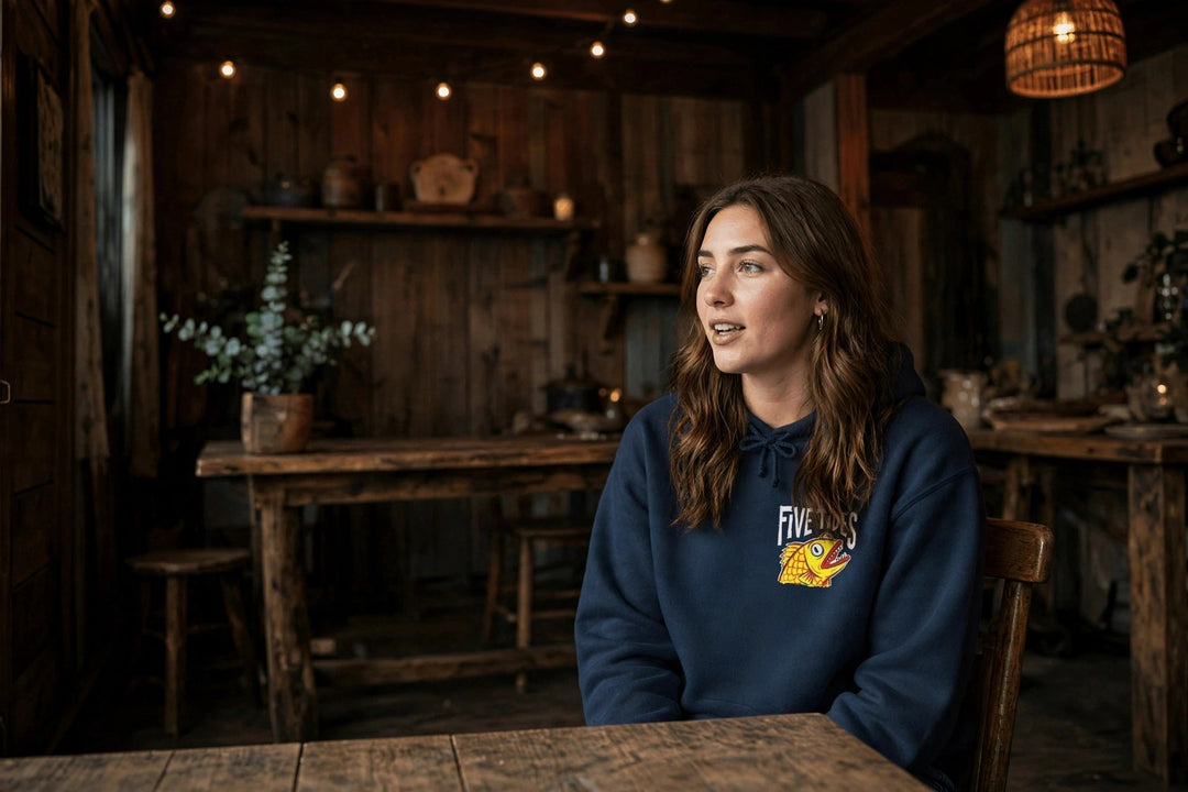 Five Tides Fish Hoodie — in the Five Tides room, female front