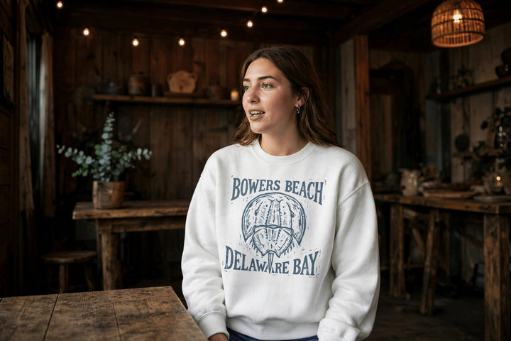 Bowers Beach Sweatshirt — in the Five Tides room, female front