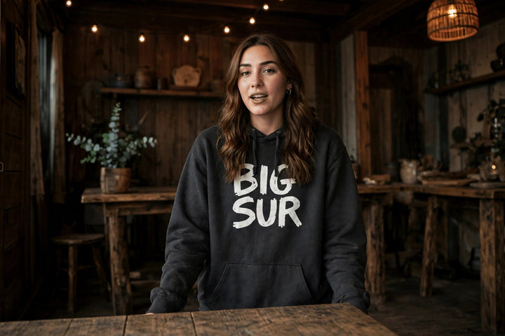 Big Sur Hoodie — in the Five Tides room, female front