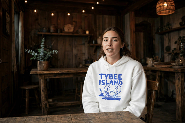 Tybee Island Crab Hoodie — in the Five Tides room, female front