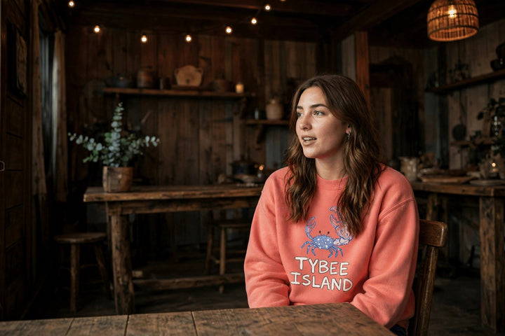Tybee Island Sweatshirt — in the Five Tides room, female front