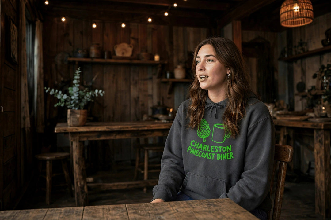 Pinecoast Diner Hoodie — in the Five Tides room, female front