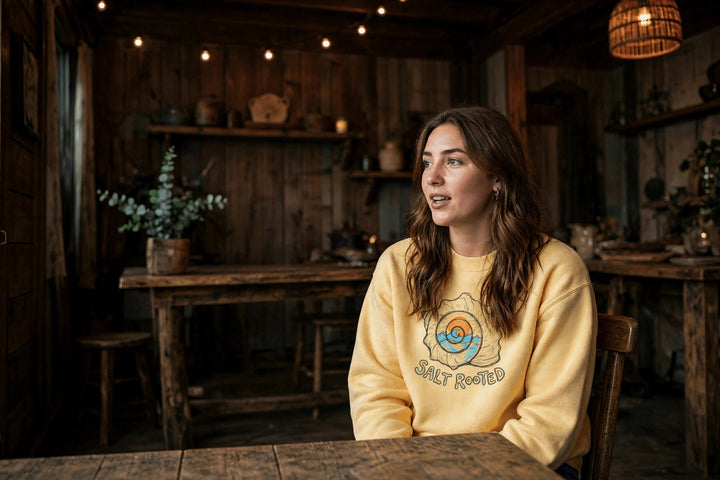 Salt Rooted Conch Shell Sweatshirt — in the Five Tides room, female front