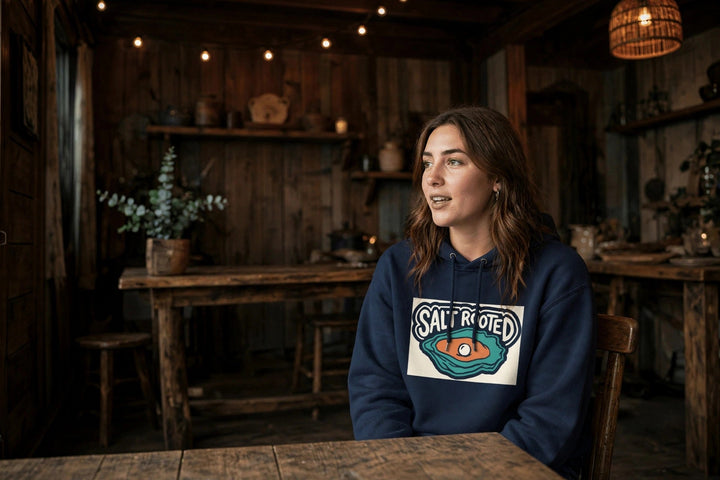 Salt Rooted Oyster Hoodie — in the Five Tides room, female front