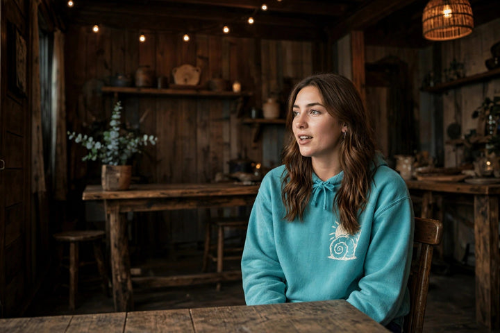 Beach Snail Hoodie — in the Five Tides room, female front