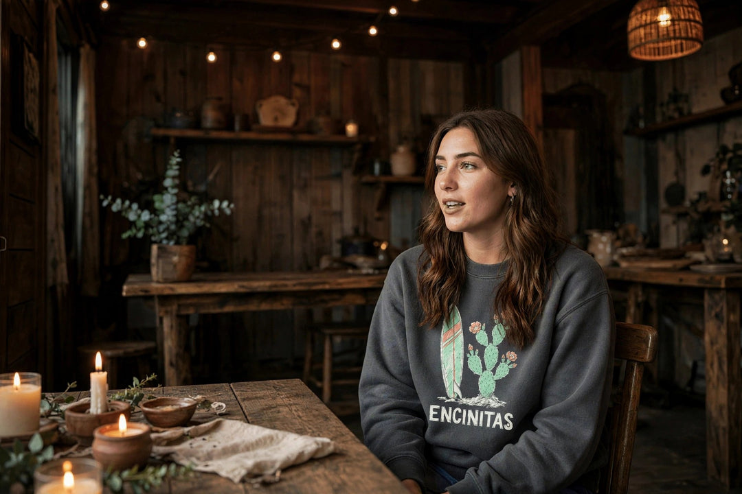 Encinitas Sweatshirt — in the Five Tides room, female front