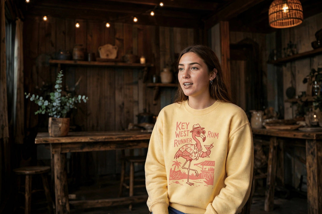 Key West Flamingo Sweatshirt — in the Five Tides room, female front