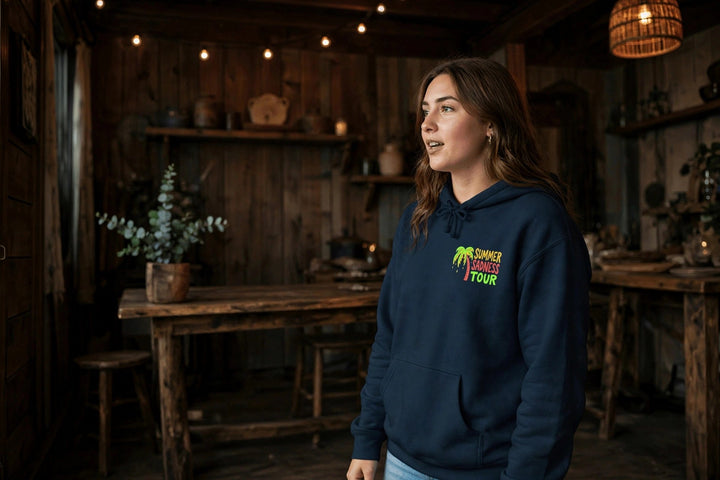 Summer Sadness Tour Hoodie (Whale) — in the Five Tides room, female front