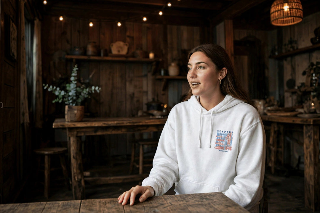 Boston Seaport Fish Market Hoodie — in the Five Tides room, female front