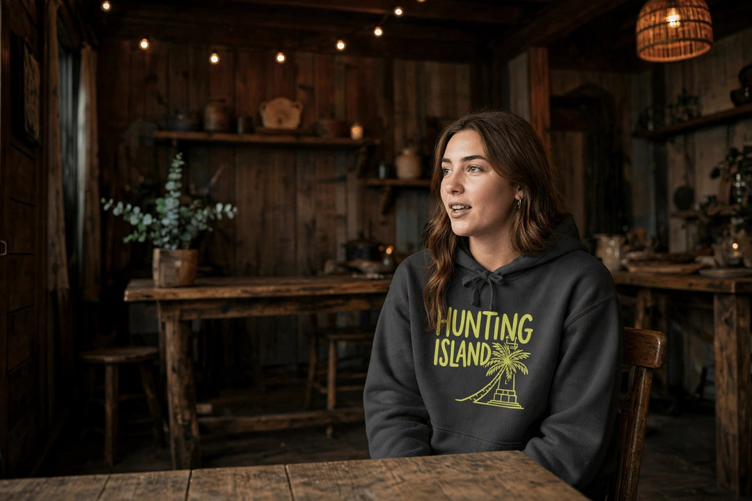 Hunting Island Hoodie — in the Five Tides room, female front