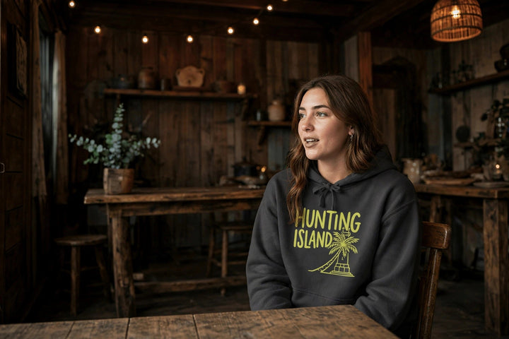 Hunting Island Hoodie — in the Five Tides room, female front
