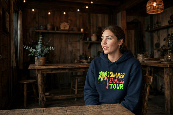 Summer Sadness Tour Hoodie (Palm) — in the Five Tides room, female front
