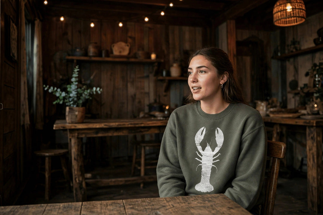 Lobster Sweatshirt — in the Five Tides room, female front