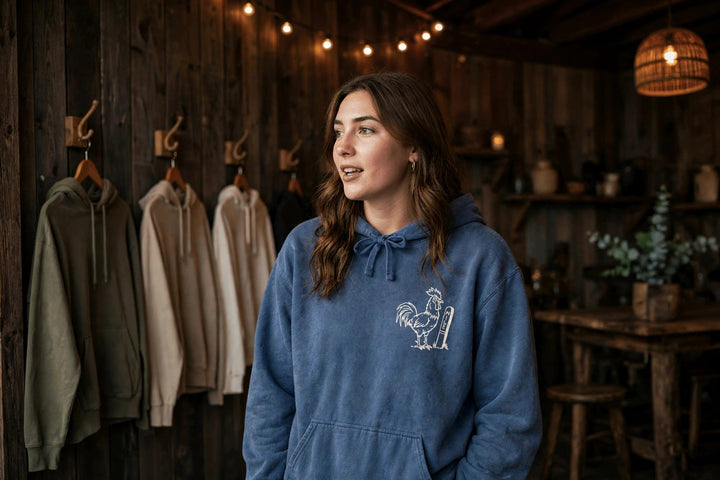 Key West Mile Zero Rooster Hoodie — in the Five Tides room, female front