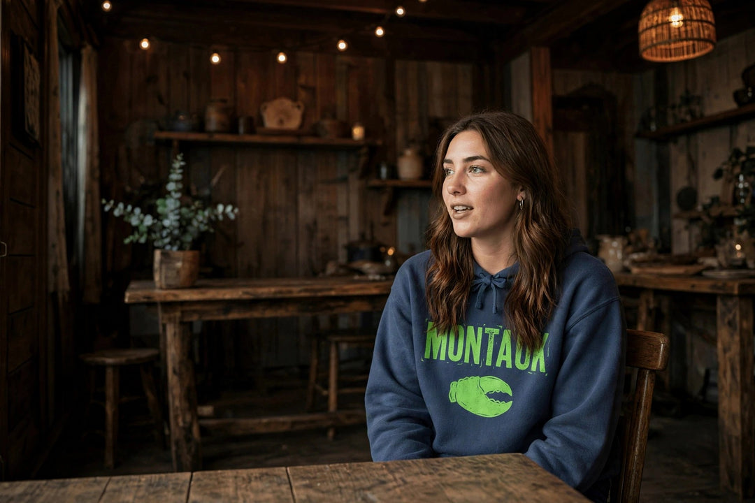Montauk Lobster Claw Hoodie — in the Five Tides room, female front