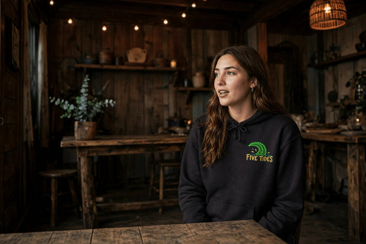 Low Tide Hoodie — in the Five Tides room, female front