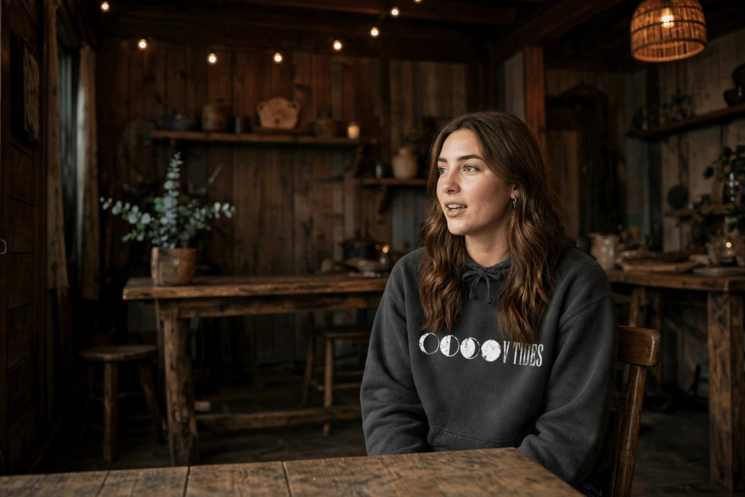 Moon Phases Hoodie — in the Five Tides room, female front