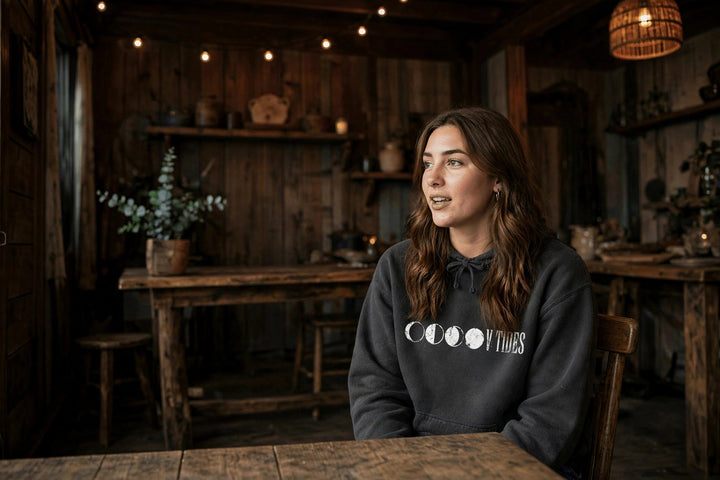 Moon Phases Hoodie — in the Five Tides room, female front