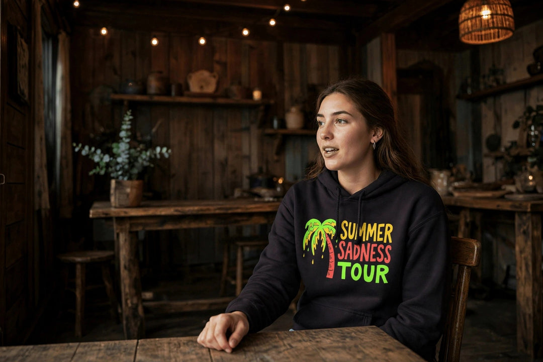 Summer Sadness Tour Hoodie (Flamingo) — in the Five Tides room, female front