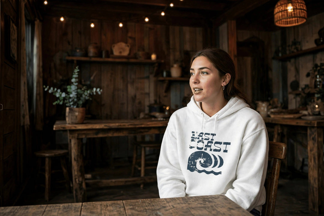 East Coast Waves Hoodie — in the Five Tides room, female front
