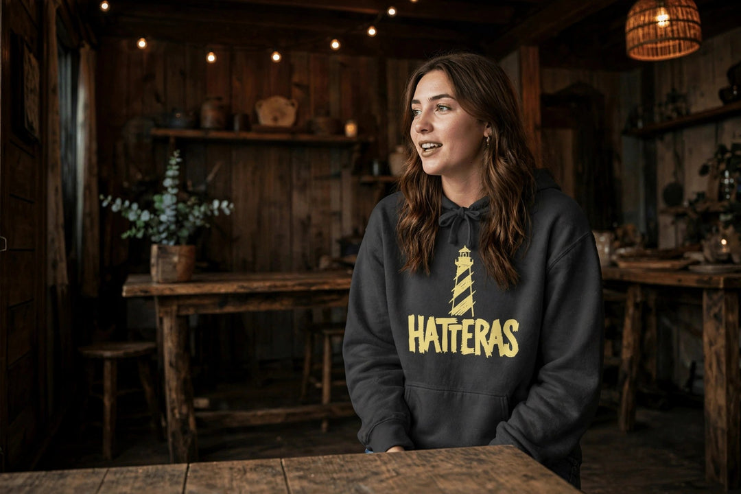 Hatteras Lighthouse Hoodie — in the Five Tides room, female front