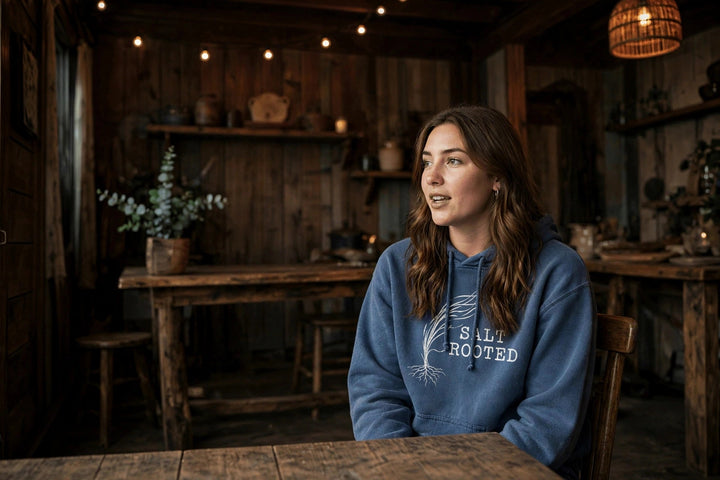 Salt Rooted Wheat Hoodie — in the Five Tides room, female front