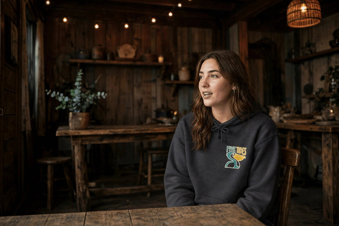 Pelican Coastal Hoodie — in the Five Tides room, female front