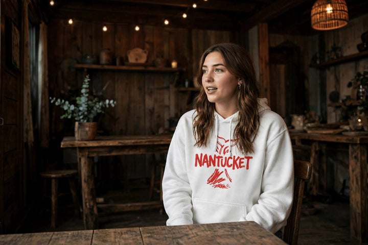 Nantucket Whale Tail Hoodie — in the Five Tides room, female front