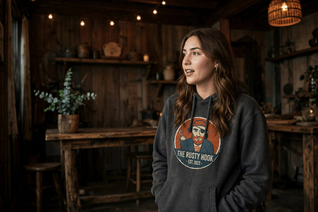 The Rusty Hook Hoodie — in the Five Tides room, female front