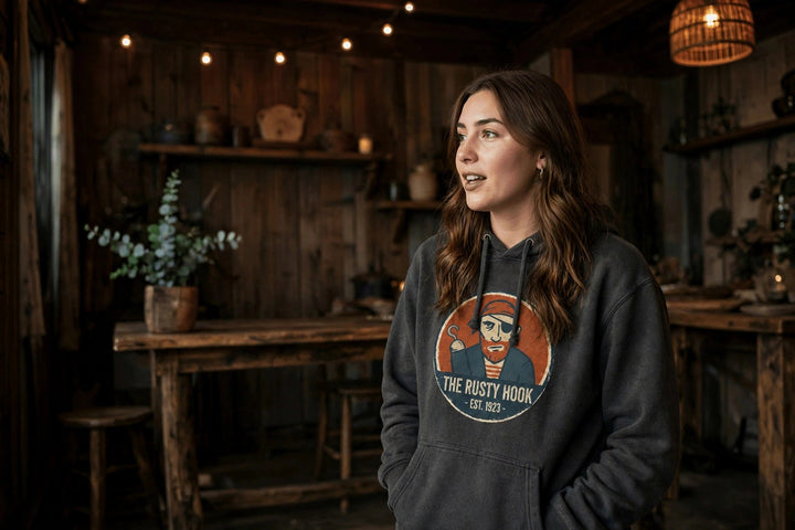 The Rusty Hook Hoodie — in the Five Tides room, female front