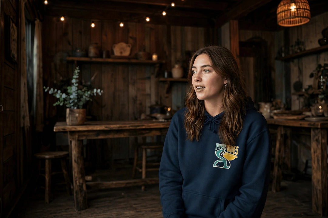 Low Tide Vibe Pelican Hoodie — in the Five Tides room, female front