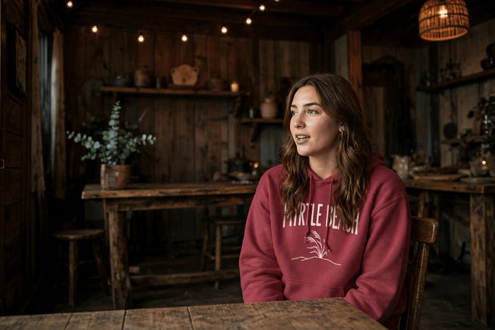 Myrtle Beach Coastal Hoodie — in the Five Tides room, female front