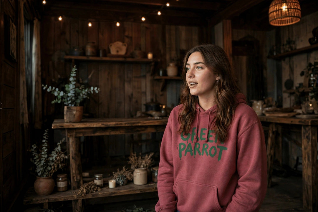 Green Parrot Bar Stool Hoodie — in the Five Tides room, female front