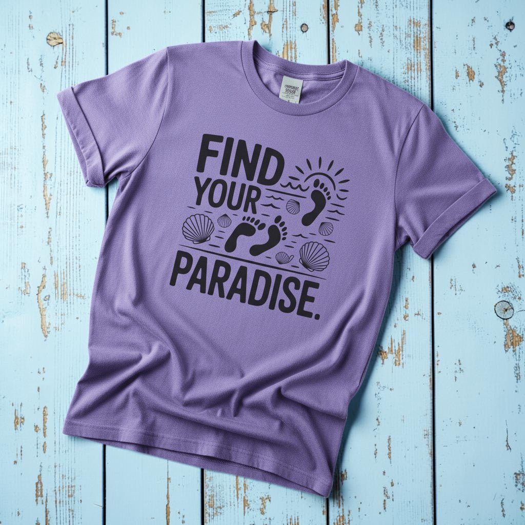 Find Your Paradise violet garment-dyed footprints tee casually tousled on rustic reclaimed wood