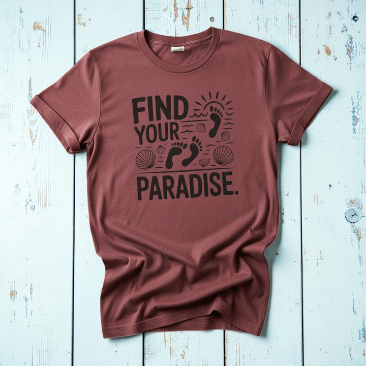 Find Your Paradise brick garment-dyed footprints tee casually tousled on rustic reclaimed wood
