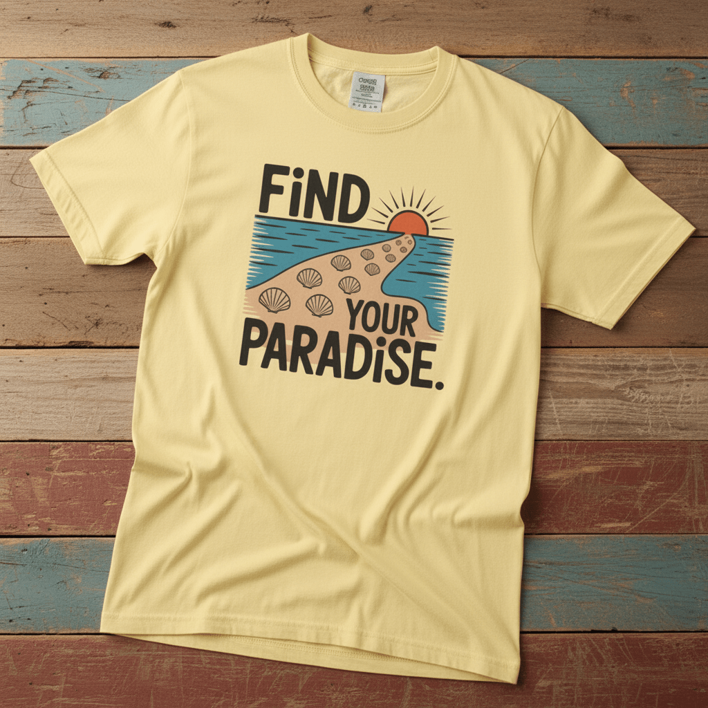 Flat lay - butter yellow Find Your Paradise tee with Comfort Colors label on weathered driftwood planks